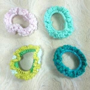 Scrunchies lot of 4 bundle yellow blue green pink crotchet handmade